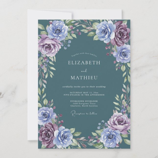 Invitación Boda floral de lavanda azul profundo (Anverso)