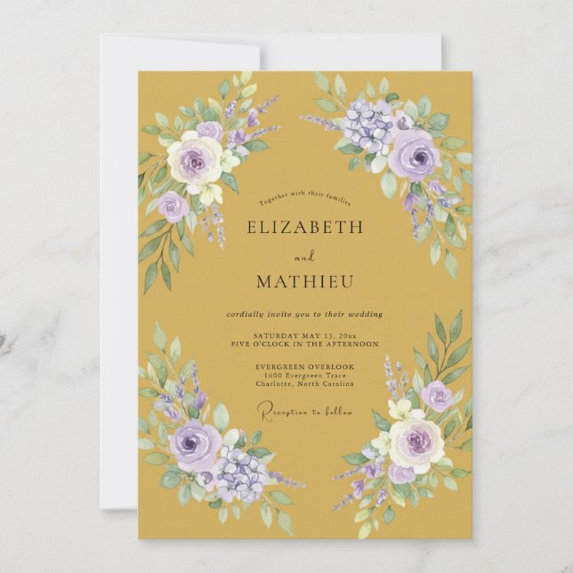Invitación Boda Floral de Lavanda Dorada Romántica (Anverso)