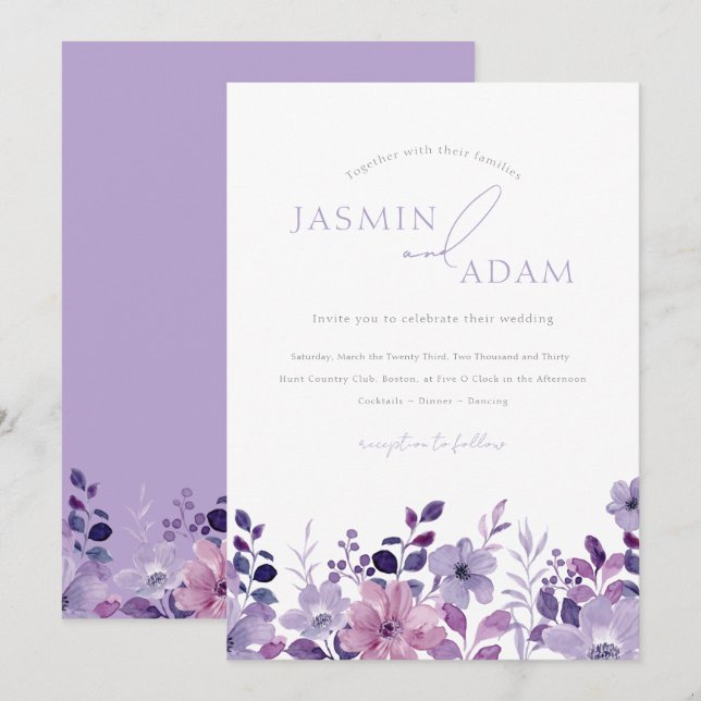 Invitación Boda floral de lavanda elegante (Anverso / Reverso)