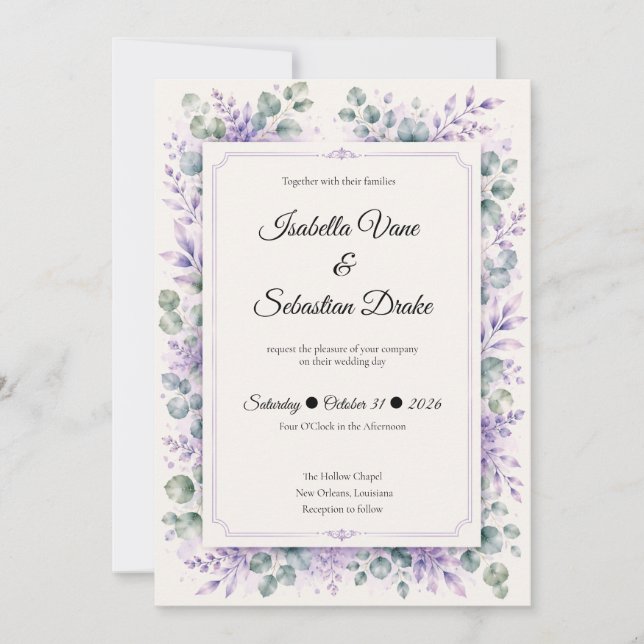 Invitación Boda floral de lavanda etérea (Anverso)