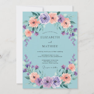 Invitación Boda floral de lavanda melocotón cian
