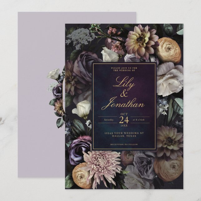 Invitación Boda floral de lavanda morada oscuro Moody Night (Anverso / Reverso)