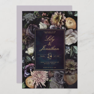 Invitación Boda floral de lavanda morada oscuro Moody Night