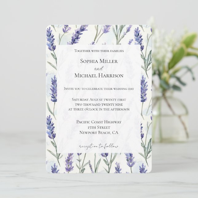 Invitación Boda floral de lavanda romántica (Anverso de pie)