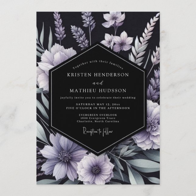 Invitación Boda floral de lavanda tinta (Anverso)