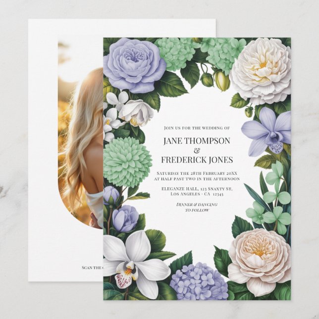 Invitación Boda floral de lavanda, verde menta y blanco (Anverso / Reverso)