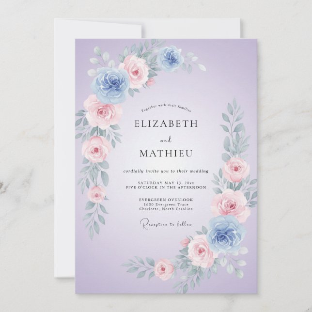 Invitación Boda floral de lavanda y pervinca (Anverso)