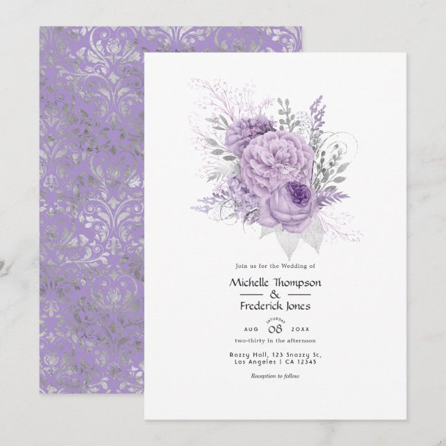Invitación Boda floral de lavanda y plata (Anverso / Reverso)