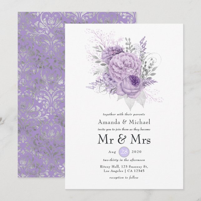 Invitación Boda floral de lavanda y plata (Anverso / Reverso)