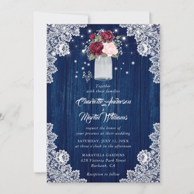 Invitación Boda floral de leña de madera azul de la Marina de (Anverso)