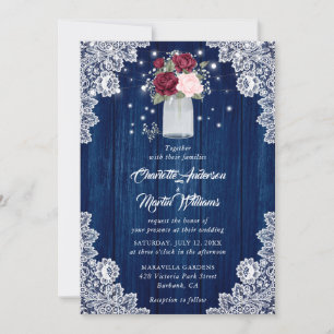 Invitación Boda floral de leña de madera azul de la Marina de