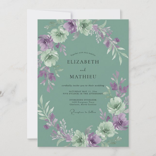 Invitación Boda floral de lila verde (Anverso)