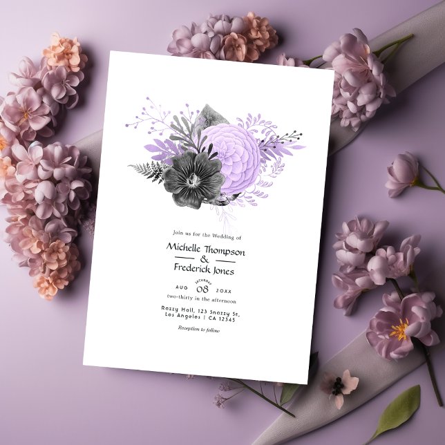 Invitación Boda floral de lila y carbón (Subido por el creador)