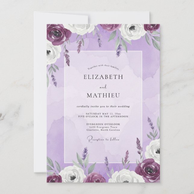 Invitación Boda floral de lila y lavanda (Anverso)