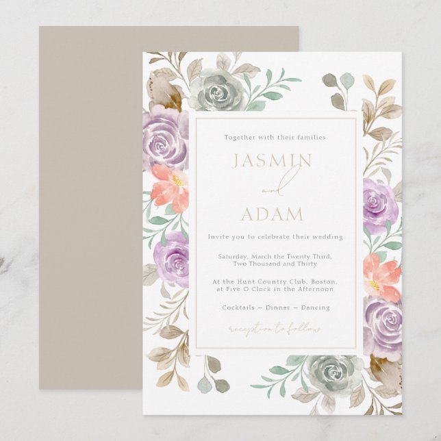 Invitación Boda floral de Lilac dorado moderno (Anverso / Reverso)