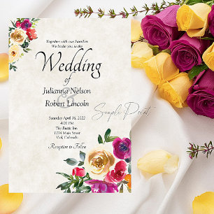 Invitación Boda floral de limón y magenta en blanco