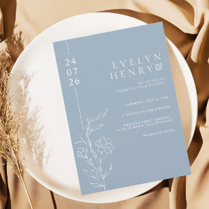Invitación Boda Floral de Línea Moderna en Azul Polvoriento