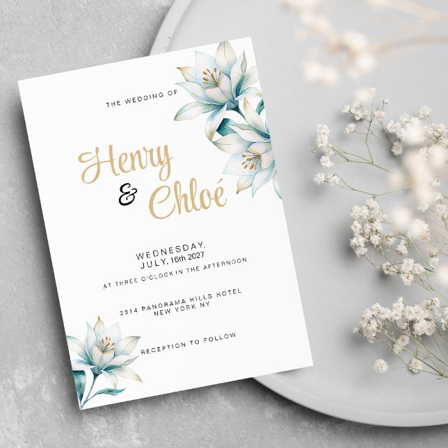 Invitación Boda floral de lirio dorado azul acuarela (Watercolor white blue gold lily floral Wedding )