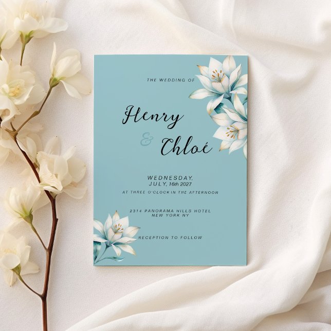 Invitación Boda floral de lirio dorado azul acuarela (Watercolor blue white gold lily floral Wedding)