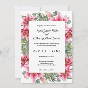 Invitación Boda floral de lirio rosa elegante con eucalipto