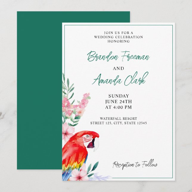 Invitación Boda floral de loro rojo acuarela (Anverso / Reverso)