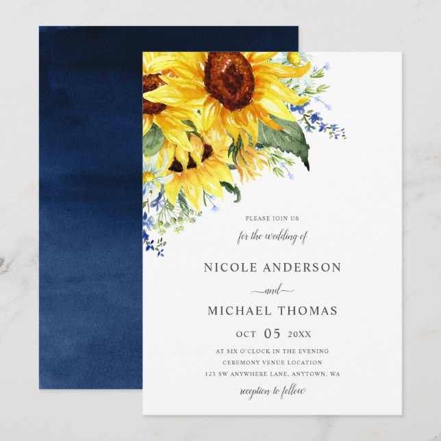 Invitación Boda floral de los girasoles elegantes de la (Anverso / Reverso)