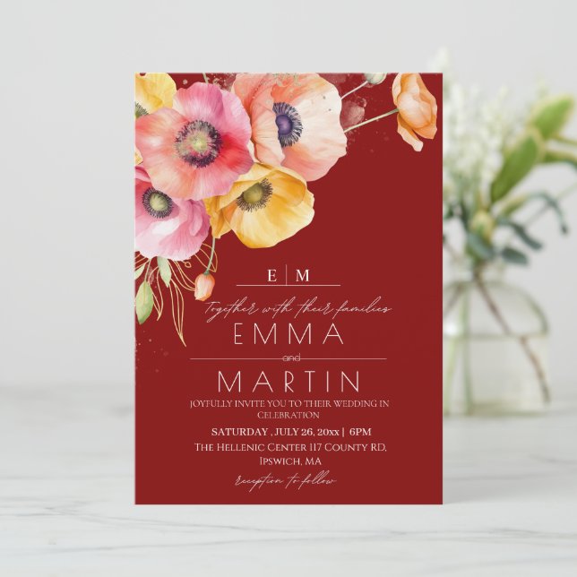 Invitación Boda floral de los pimientos rojos marrones modern (Anverso de pie)