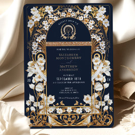 Invitación Boda floral de lujo azul y oro antiguo de la Marin