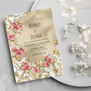 Invitación Boda floral de lujo rosa romántico en oro blanco
