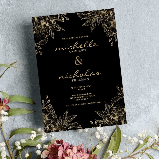 Invitación Boda floral de lujo y lujo de lujo (Classy luxury black and gold floral wedding)