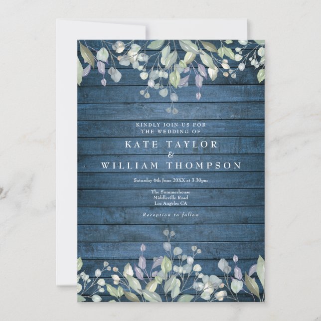 Invitación Boda floral de madera rústica azul (Anverso)
