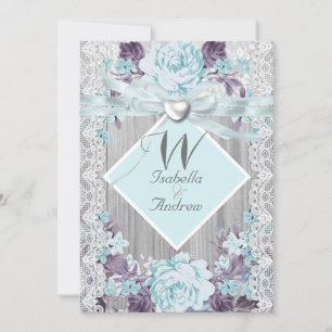 Invitación Boda Floral de Madera Rústica Blanco Encaje Azul T