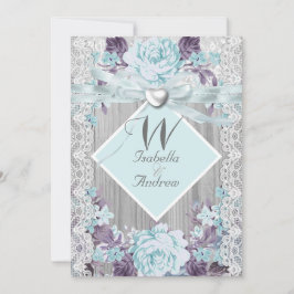 Invitación Boda floral de madera rústica blanco encaje azul V