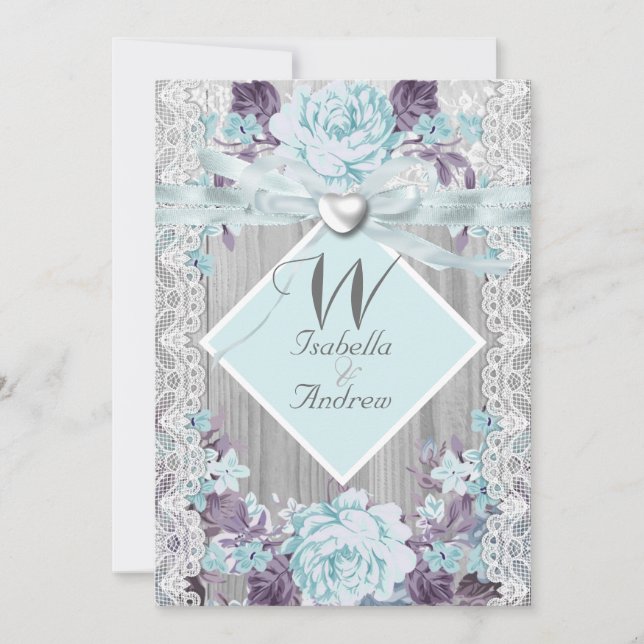 Invitación Boda floral de madera rústica blanco encaje azul V (Anverso)