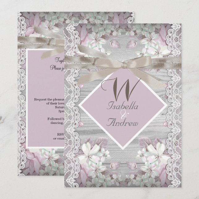 Invitación Boda Floral de Madera Rústica Blanco Encaje Rosa (Anverso / Reverso)