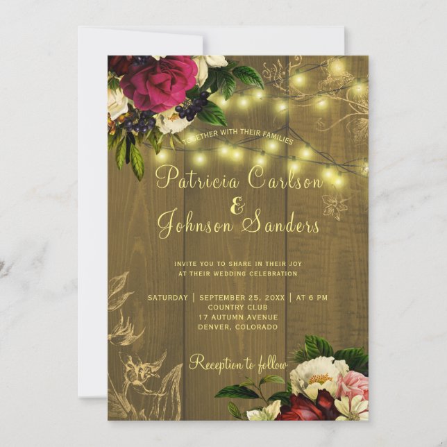 Invitación Boda floral de madera rústica caída y luces de agu (Anverso)