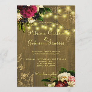 Invitación Boda floral de madera rústica caída y luces de agu
