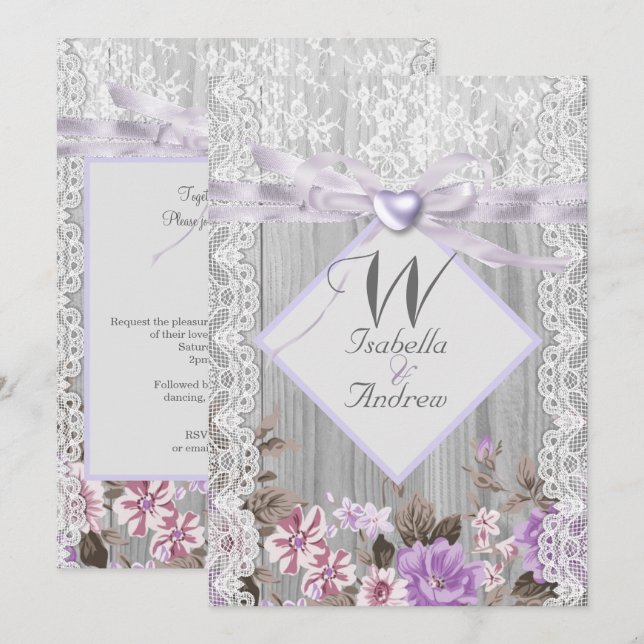 Invitación Boda Floral de Madera Rústica Encaje Lavanda (Anverso / Reverso)