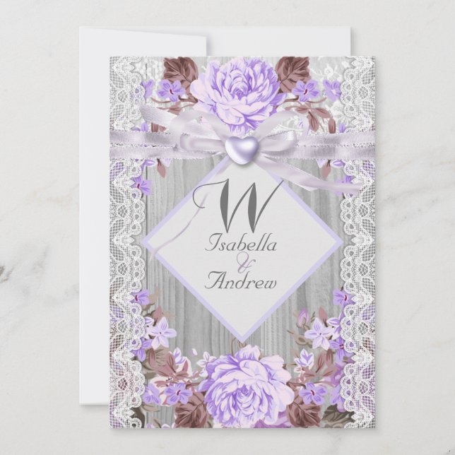 Invitación Boda Floral de Madera Rústica Lazo Lavanda 2 (Anverso)