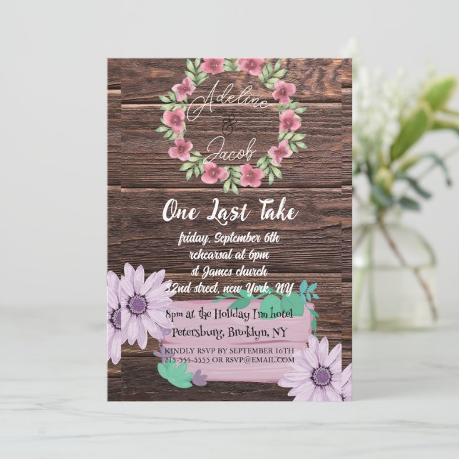 Invitación Boda floral de madera rústica Prueba Cena (Anverso de pie)