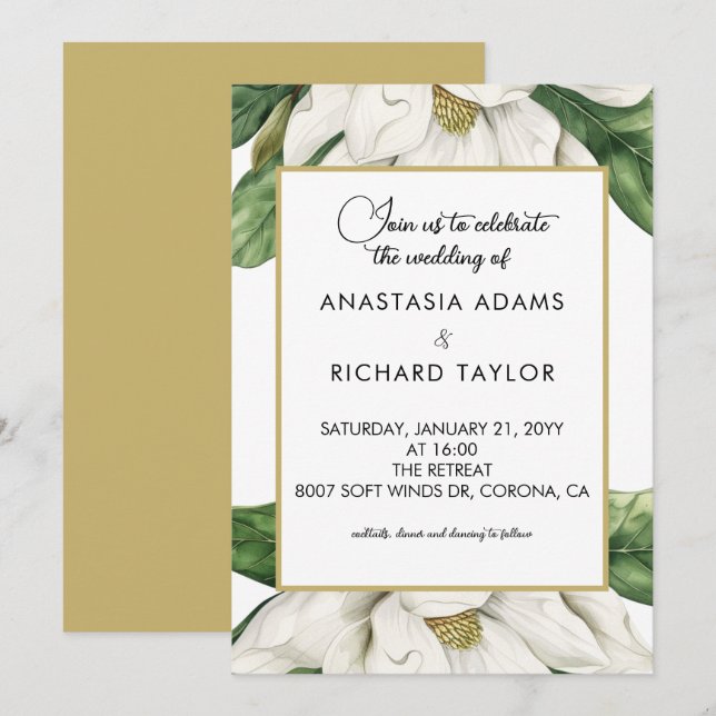 Invitación Boda floral de Magnolia blanca (Anverso / Reverso)