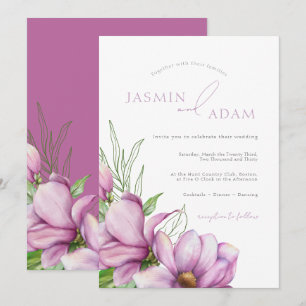 Invitación Boda floral de magnolia púrpura elegante