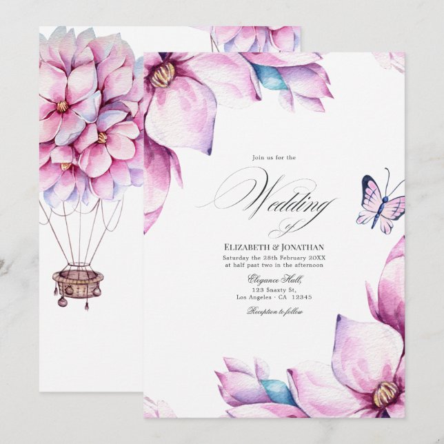 Invitación Boda floral de magnolia rosa (Anverso / Reverso)