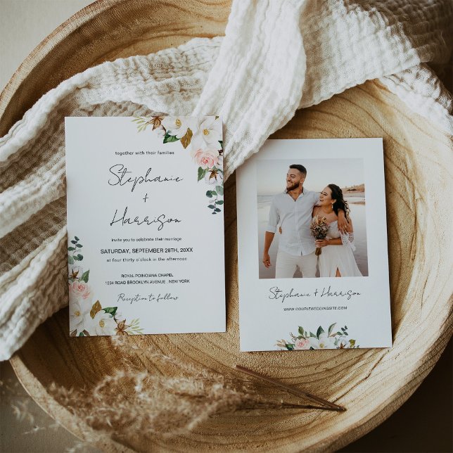 Invitación Boda floral de Magnolia rosa blanca y Rubor (Subido por el creador)