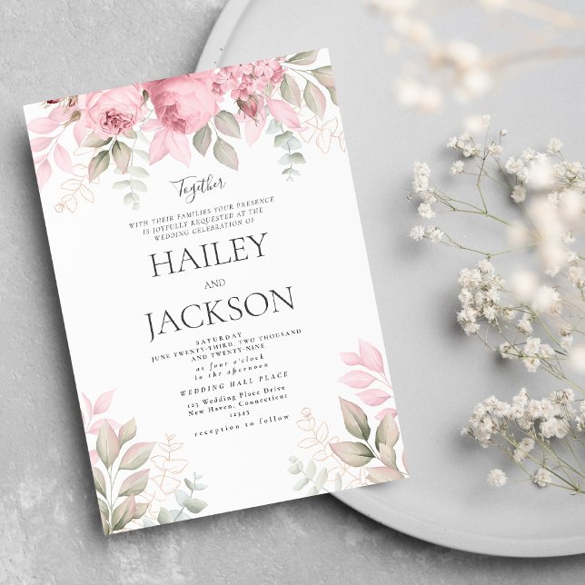 Invitación Boda floral de magnolias blancas, rosa y menta (Blush pink mint and white magnolia floral wedding invitation)