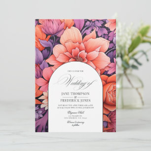 Invitación Boda floral de mandarina, rosa intenso y púrpura r