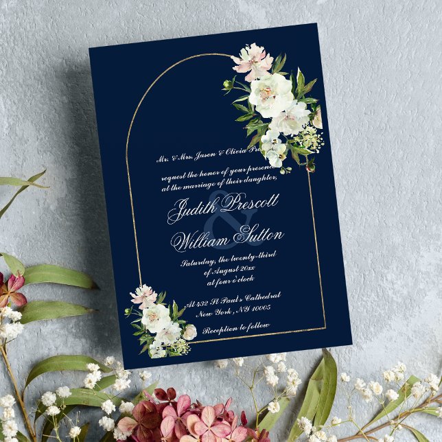 Invitación Boda floral de manitas de oro azul marino (Navy blue gold mint white peony floral wedding )