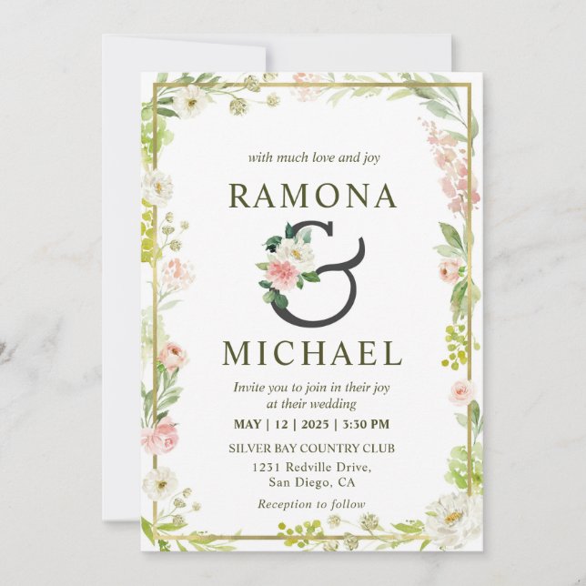 Invitación Boda Floral De Marco Blanco Y Verde Rosa (Anverso)