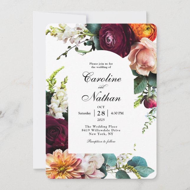 Invitación Boda floral de marco con arcos de otoño fresco (Anverso)