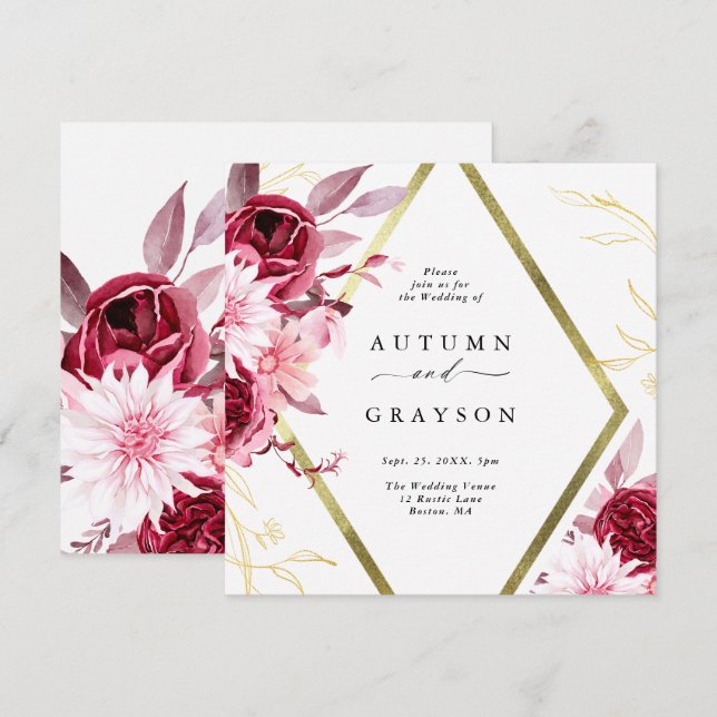 Invitación Boda floral de marco dorado de Romance otoño (Anverso / Reverso)